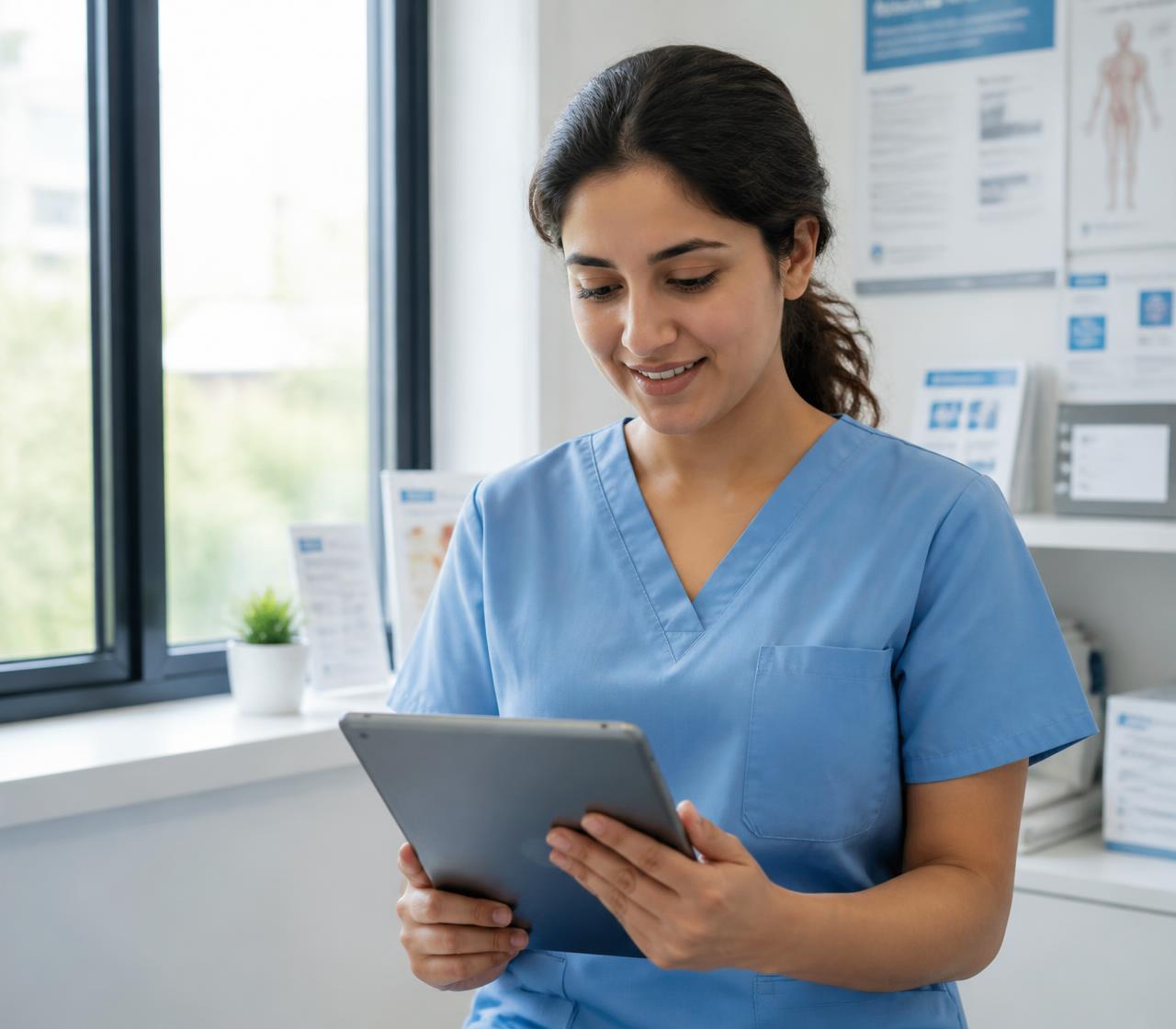 Profissional da saúde de scrubs em consultório claro com luz natural, consultando informações em um tablet
